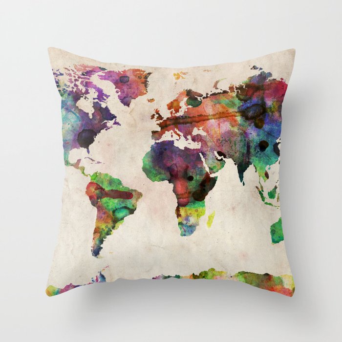 World Map Urban Watercolor Throw Pillow