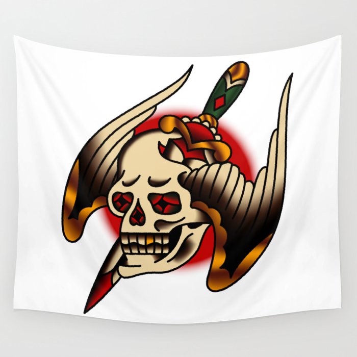 American Traditional Pierced Winged Skull Wall Tapestry