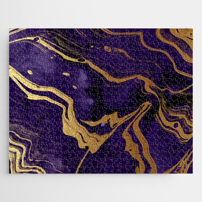 Dark Night Purple And Gold Marbled Texture Jigsaw Puzzle
