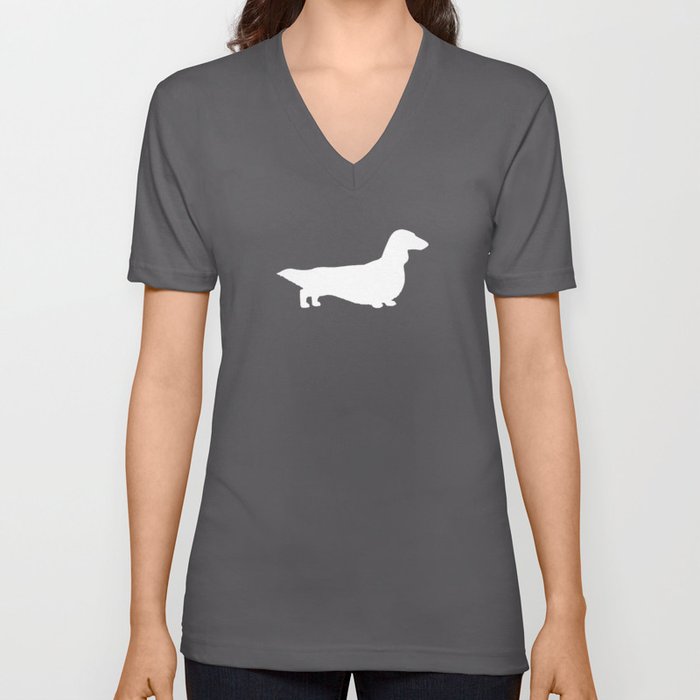 White Longhaired Dachshund Silhouette | Wiener Dog V Neck T Shirt