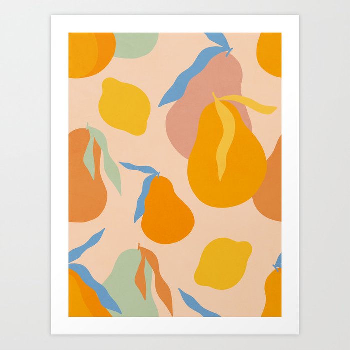 Sunny Pears and Leaves Pattern Art Print