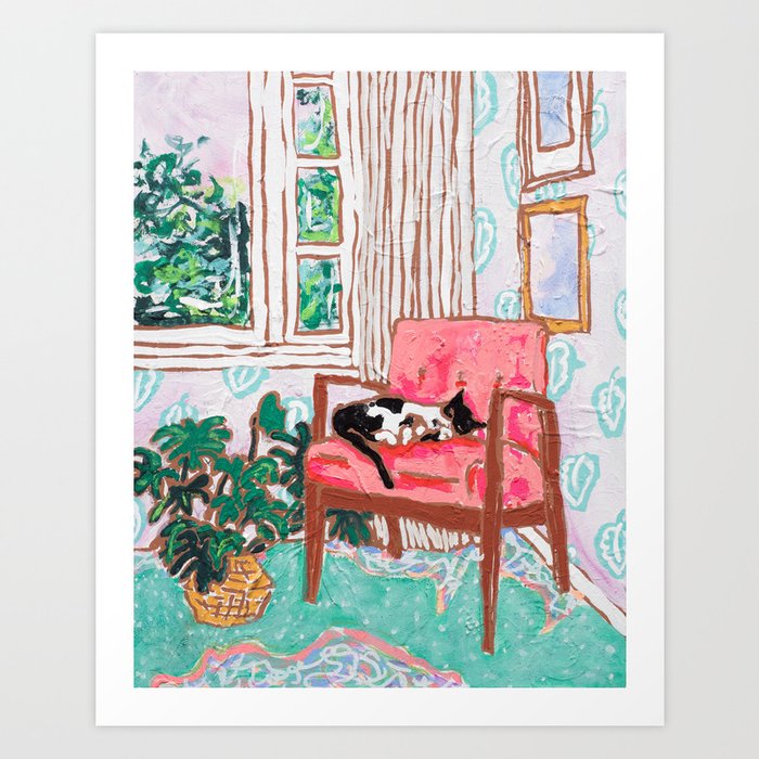 Little Naps - Tuxedo Cat Napping in a Pink Mid-Century Chair by the Window Kunstdrucke Little Naps - Tuxedo Cat Napping in a Pink Mid-Century Chair by the Window Kunstdrucke