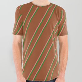 [ Thumbnail: Sienna, Light Coral & Forest Green Colored Stripes Pattern All Over Graphic Tee ]