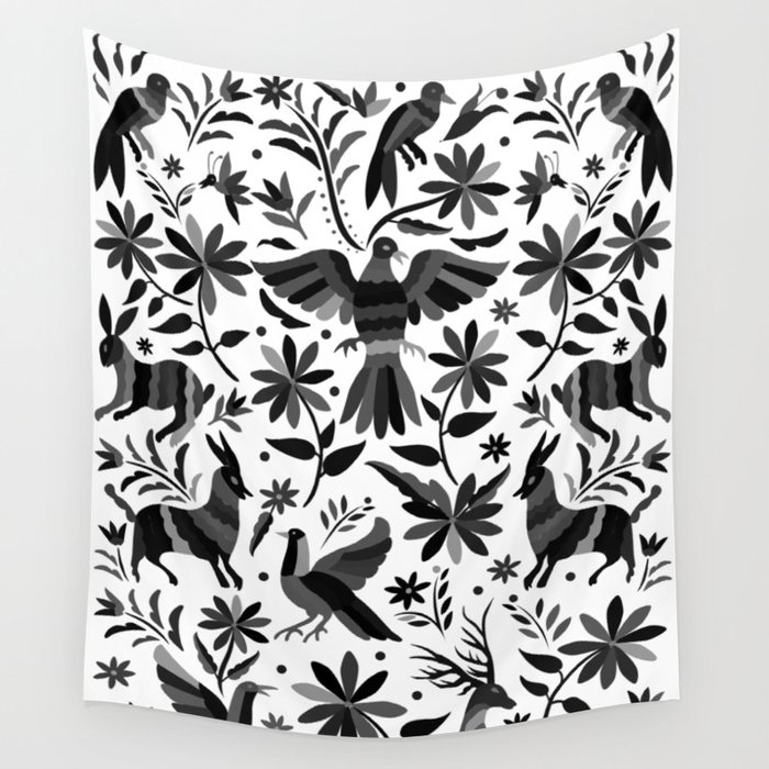 Mexican Otomi Design in Shades of Gray by Akbaly Wall Tapestry