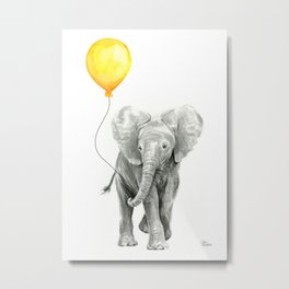 Elephant Watercolor Yellow Balloon Whimsical Baby Animals Metal Print | Animalwatercolor, Painting, Babyelephant, Yellownursery, Illustration, Babyanimal, Yellow, Whimsical, Balloon, Surrealism 