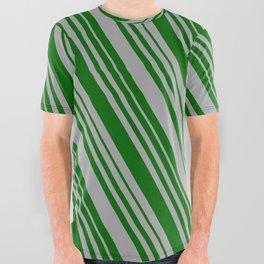 [ Thumbnail: Dark Grey & Dark Green Colored Lines/Stripes Pattern All Over Graphic Tee ]