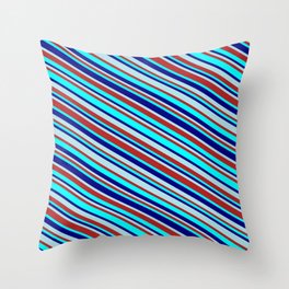 [ Thumbnail: Powder Blue, Red, Aqua, and Blue Colored Lined Pattern Throw Pillow ]