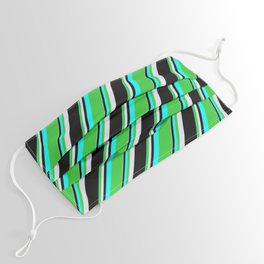 [ Thumbnail: Cyan, Lime Green, Lavender, and Black Colored Pattern of Stripes Face Mask ]