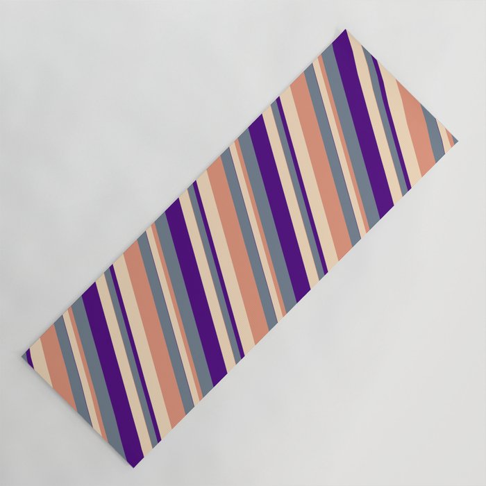 Slate Gray, Indigo, Bisque & Dark Salmon Colored Stripes/Lines Pattern Yoga Mat