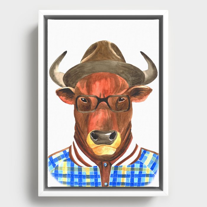 Bull with glasses and a hat  Framed Canvas