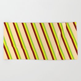 [ Thumbnail: Vibrant Maroon, Tan, Green, Yellow & Brown Colored Lined/Striped Pattern Beach Towel ]