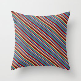 [ Thumbnail: Dark Red, Light Salmon, Sea Green & Royal Blue Colored Lined Pattern Throw Pillow ]