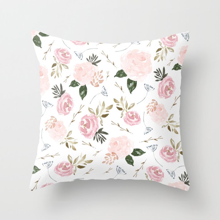 Vintage Floral Blossom - Pink Watercolor Florals Throw Pillow