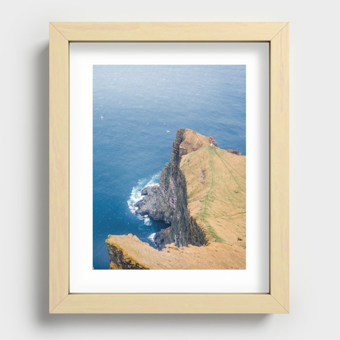 Bird-eye View Blue Atlantic Ocean Meets Cliffs with Lighthouse Faroe Island  Recessed Framed Print