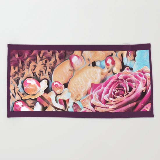 Textured illustration with rose and berries Beach Towel