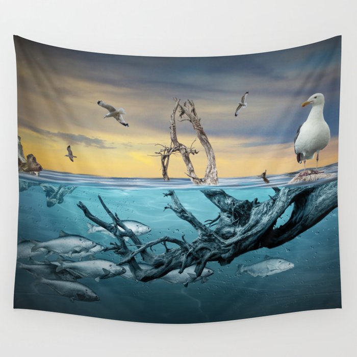 Floating Driftwood with Gulls and School of Fish Wall Tapestry