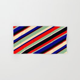 [ Thumbnail: Dark Sea Green, Beige, Dark Blue, Black & Red Colored Lines/Stripes Pattern Hand & Bath Towel ]