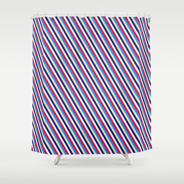 Eye-catching Crimson, Blue, Pale Goldenrod, Midnight Blue & White Colored Striped Pattern Shower Curtain
