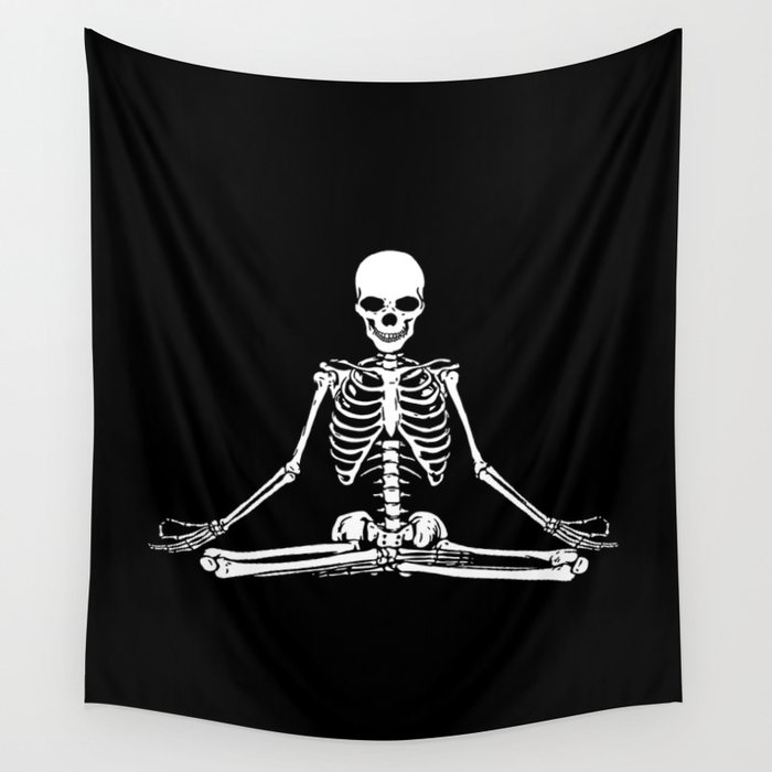 Meditating new arrivals skeleton tapestry