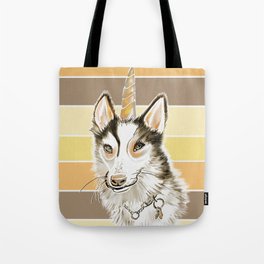 Husky Dog Unicorn Watercolor Painting on Yellow Brown Stripe Background Tote Bag