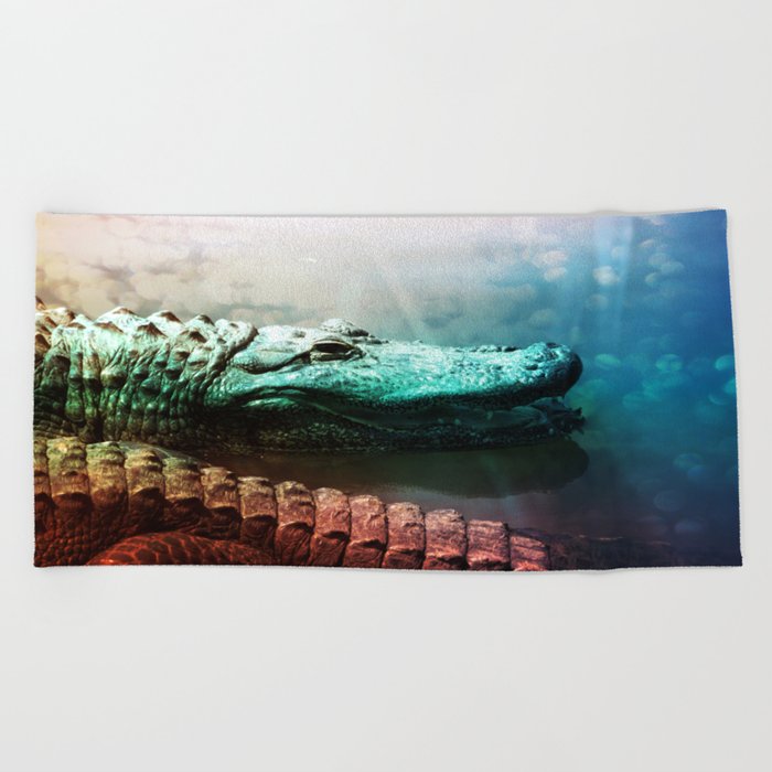 The Alligator that Wears the Rainbow Rays  Beach Towel
