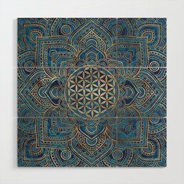 Flower of Life in Lotus Mandala - Blue Marble and Gold Wood Wall Art