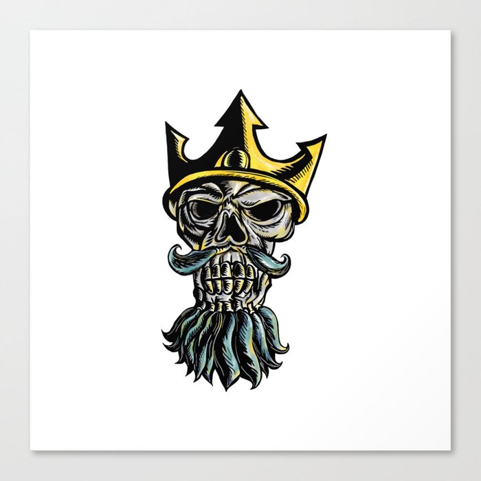 Skull of Neptune Trident Crown Head  Woodcut Canvas Print