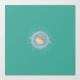 Watercolor Seashell and Blue Circle on Turquoise Green Canvas Print