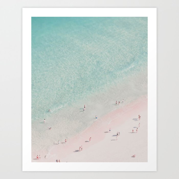 Aerial Beach Ocean Print - Beach People - Pink Sand - Pastel Sea - Minimal - Travel photography Art Print