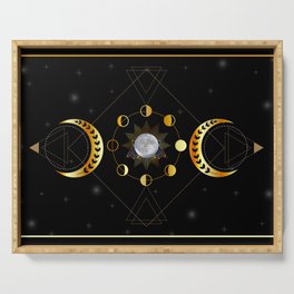 Triple Goddess golden moon phases with witch hands Serving Tray
