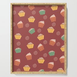Sweet Cupcakes Print On Maroon Background Pattern Serving Tray