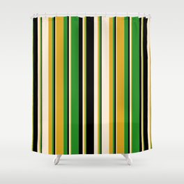 [ Thumbnail: Goldenrod, Beige, Black & Forest Green Colored Striped Pattern Shower Curtain ]