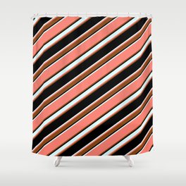 [ Thumbnail: Salmon, Brown, Black & Light Cyan Colored Pattern of Stripes Shower Curtain ]