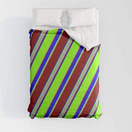 [ Thumbnail: Chartreuse, Dark Gray, Maroon & Blue Colored Lines/Stripes Pattern Comforter ]