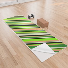 [ Thumbnail: Eyecatching Chartreuse, Light Salmon, Forest Green, Beige & Black Colored Striped/Lined Pattern Yoga Towel ]