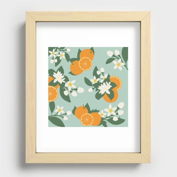 Orange Blossom Floral Pattern- Sea Foam Recessed Framed Print