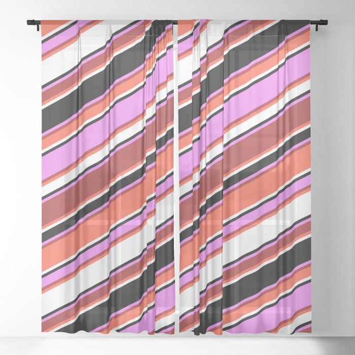 Eye-catching Violet, Brown, Red, White & Black Colored Striped/Lined Pattern Sheer Curtain