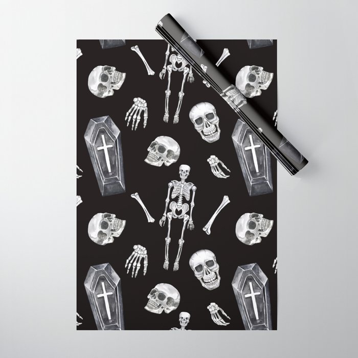 Creepy skull seamless pattern. Watercolor spooky Halloween illustration. Dead men, skeleton, coffin on black background. Design in vintage goth style.  Wrapping Paper