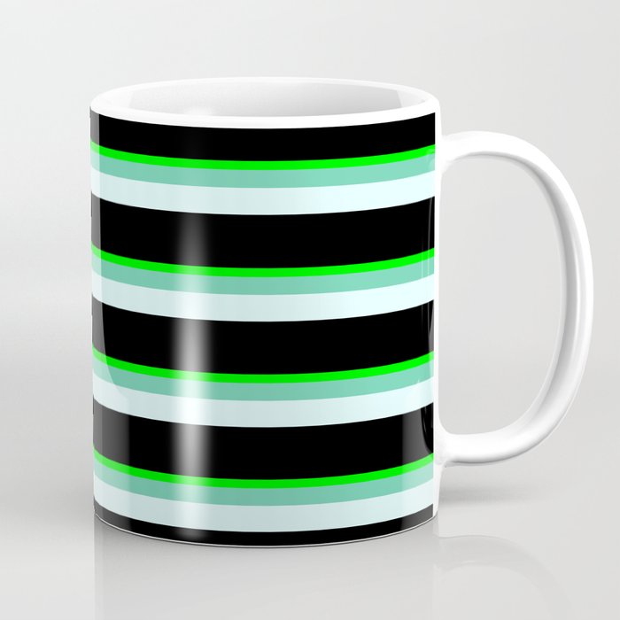 Lime, Aquamarine, Light Cyan, and Black Colored Striped Pattern Coffee Mug