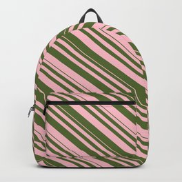 [ Thumbnail: Pink and Dark Olive Green Colored Lines/Stripes Pattern Backpack ]