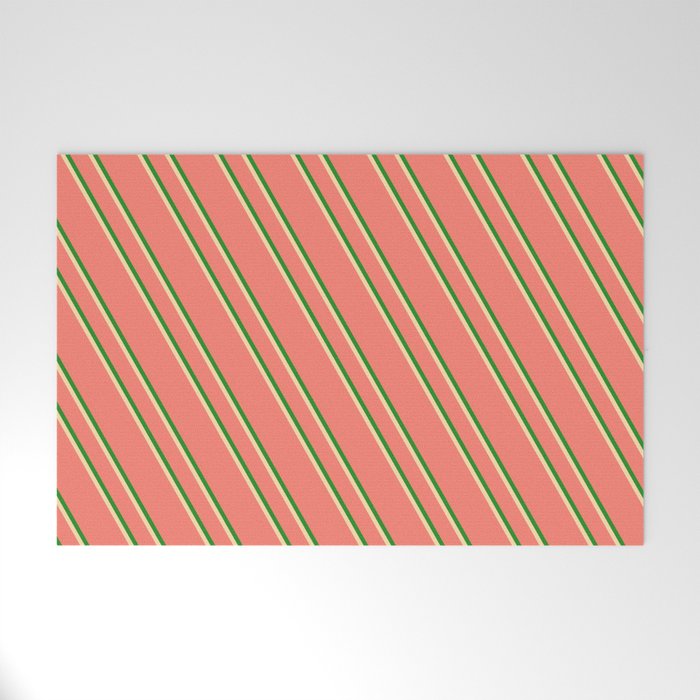 Salmon, Forest Green & Tan Colored Stripes Pattern Welcome Mat