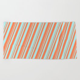 [ Thumbnail: Coral & Turquoise Colored Lined Pattern Beach Towel ]