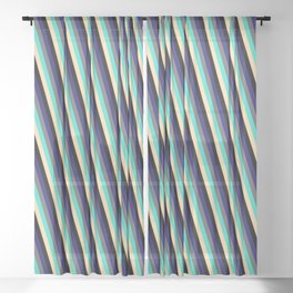 [ Thumbnail: Dim Grey, Turquoise, Tan, Black & Midnight Blue Colored Pattern of Stripes Sheer Curtain ]