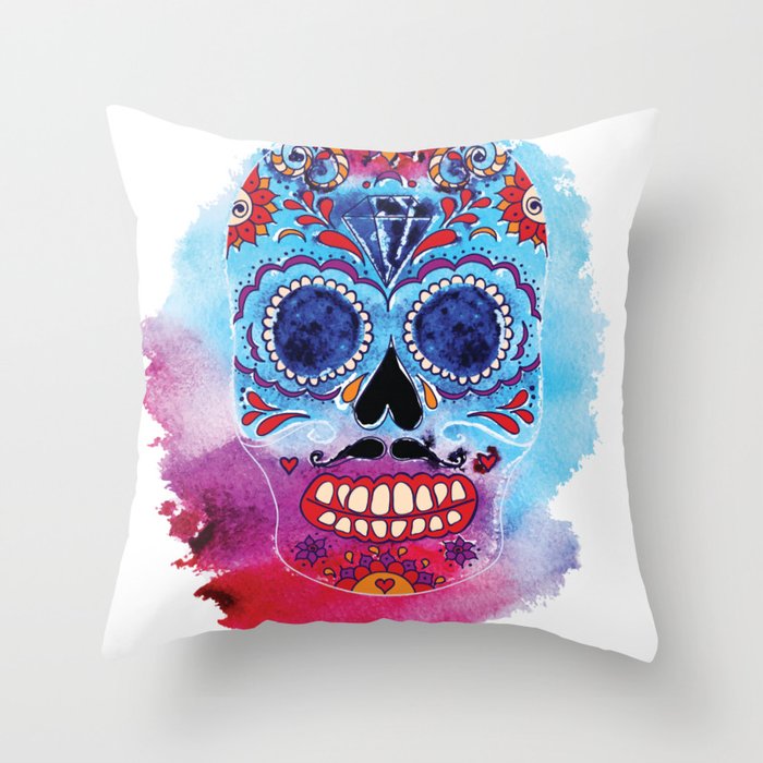 Watercolor Day of the dead sugar skull. Mexican skull illustration. Throw Pillow
