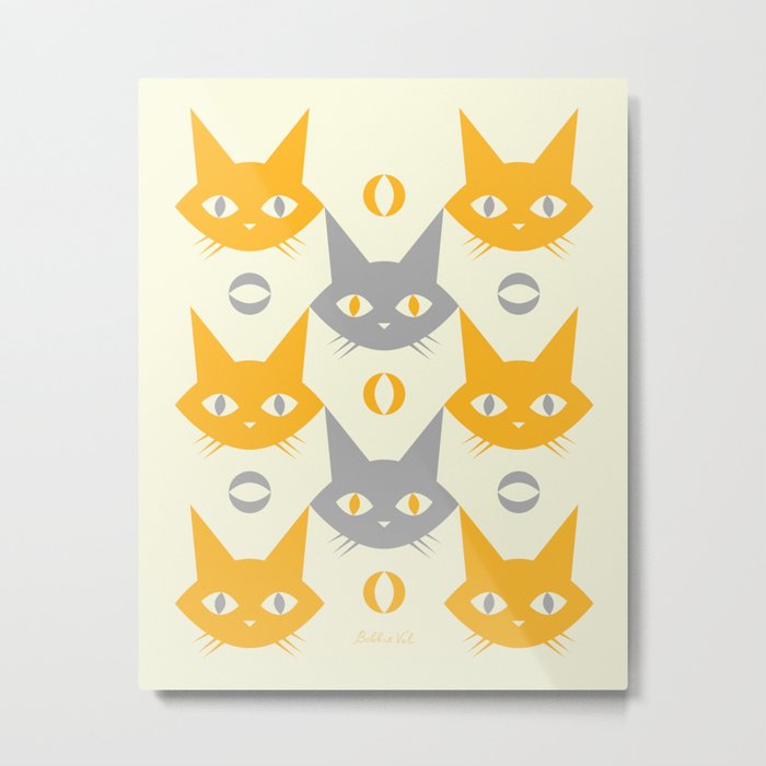 Retro Cat Pattern, Vintage Cats in Yellow and Grey Metal Print