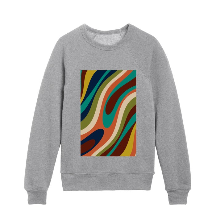 Wavy Loops Modern Retro Abstract Multi-Color Pattern in Mid Century Teal Rust Orange Mustard Olive Blue Kids Crewneck