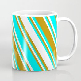 [ Thumbnail: White, Dark Goldenrod, and Aqua Colored Striped Pattern Coffee Mug ]