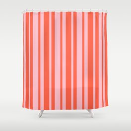 [ Thumbnail: Red & Pink Colored Stripes/Lines Pattern Shower Curtain ]