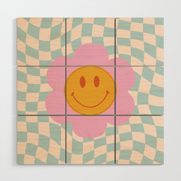 Smiley Flower Face on Pastel Warped Checkerboard Wood Wall Art