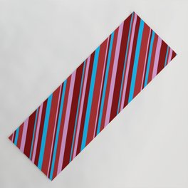 [ Thumbnail: Deep Sky Blue, Red, Plum & Maroon Colored Lined/Striped Pattern Yoga Mat ]